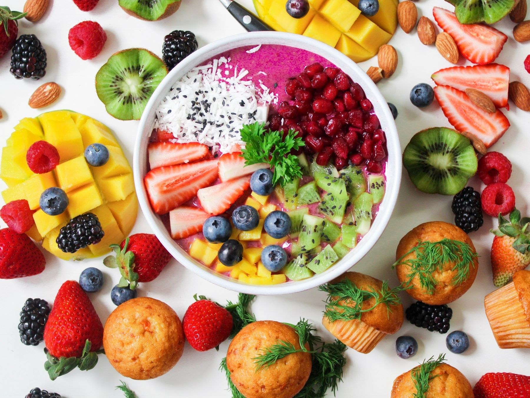 Fresh fruit and nutrient-rich bowls arranged together
