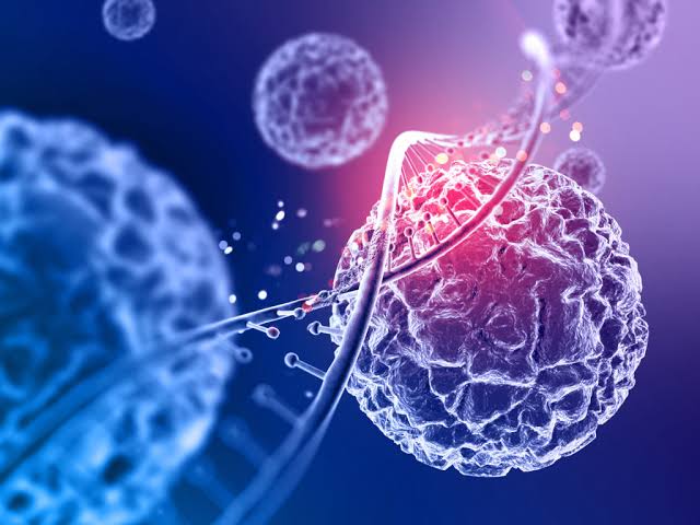 A rendering of cells and a glowing DNA double helix