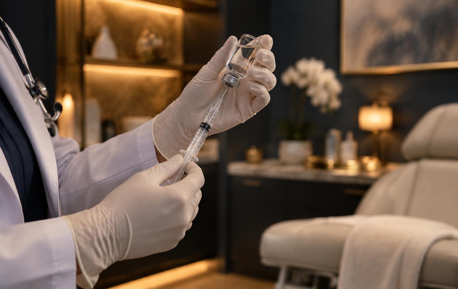 A physician preparing a peptide vial and syringe in a calm clinic room